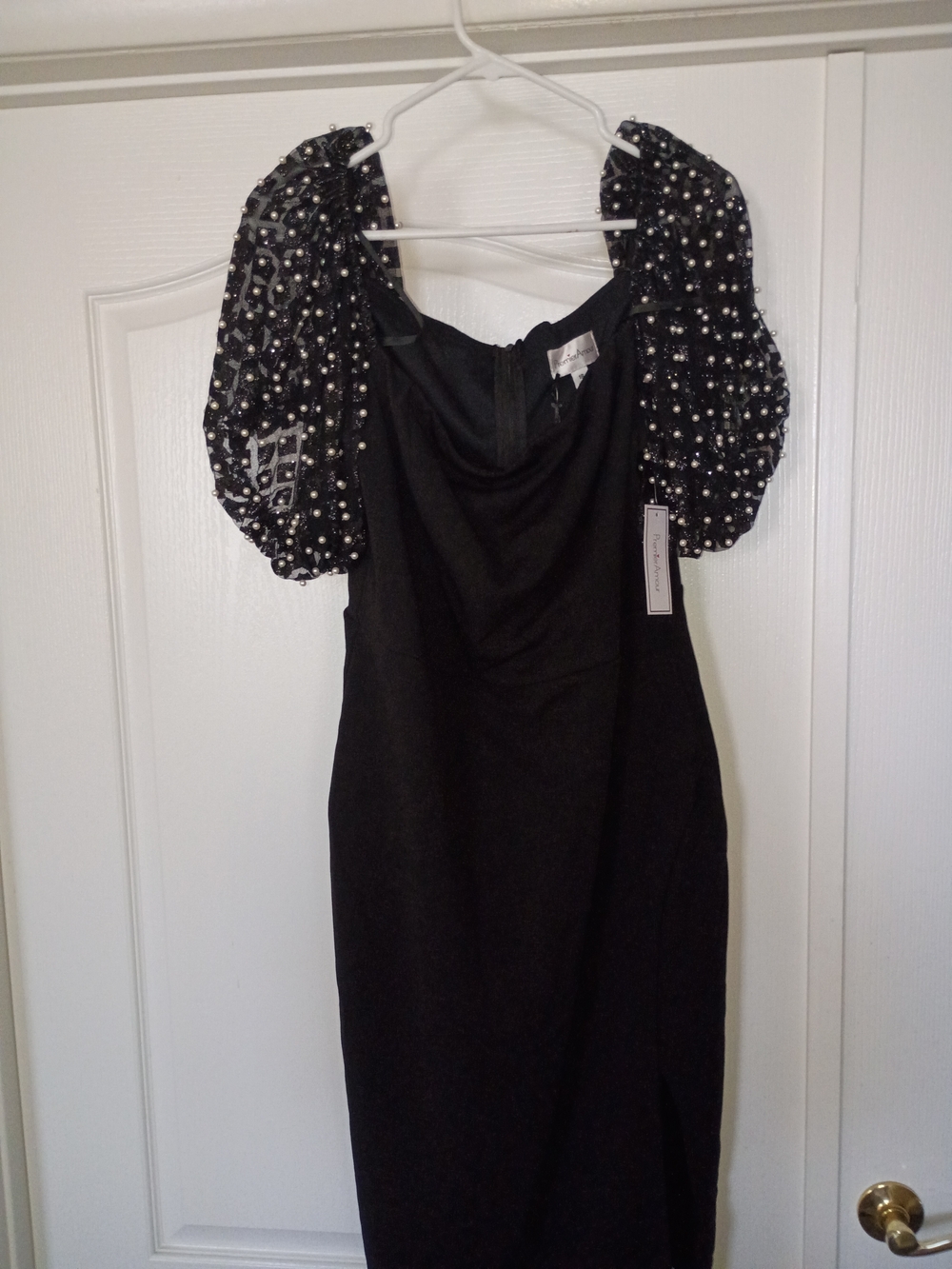 Pearl Studded Premier Black Midi Dress with Embellished Puff Sleeves